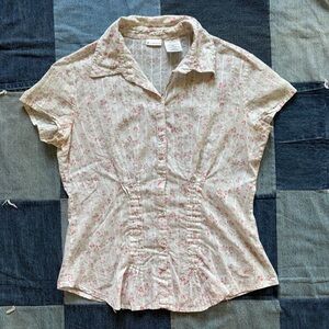 VTG y2k no boundaries button up fitted blouse sheer white pink floral cottage M